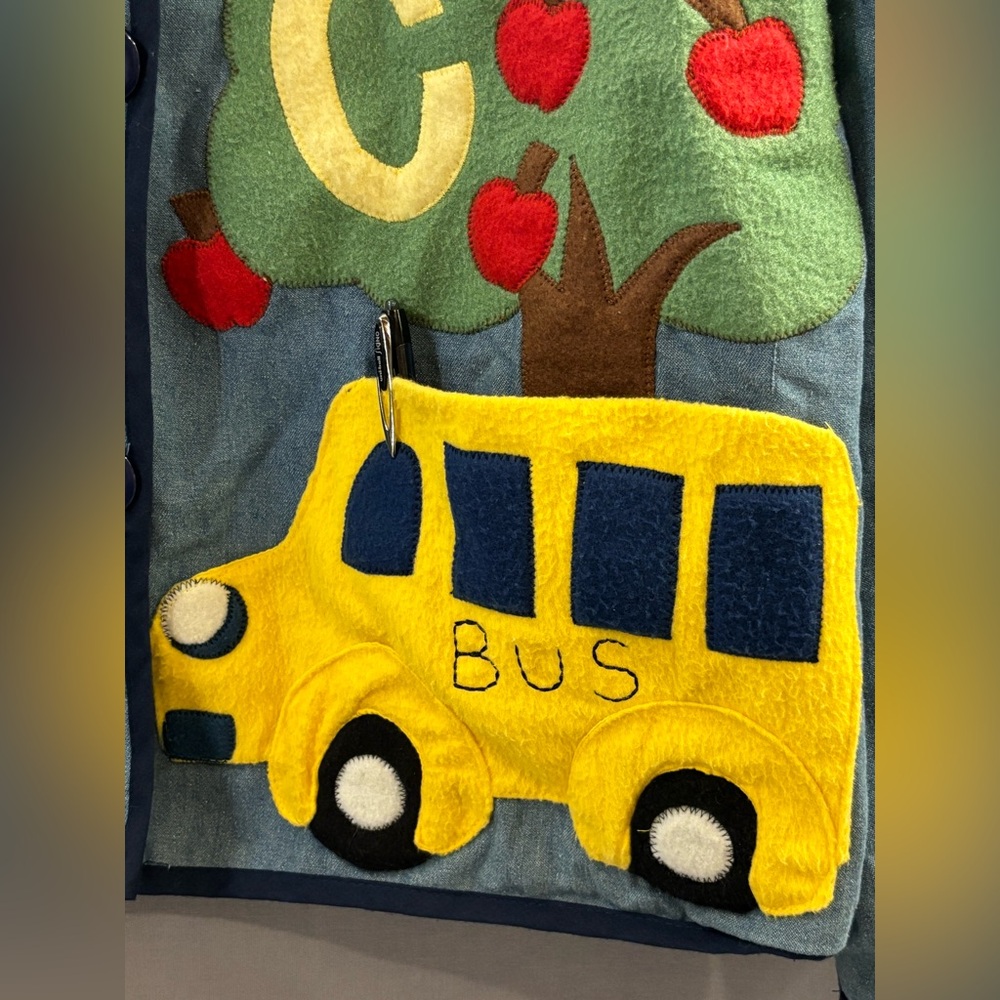 One of a kind vintage 90s teacher denim jacket L/XL unique appliqués school - Picture 2 of 6